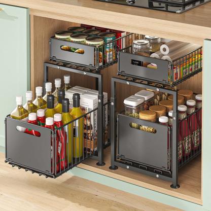 Organizer Estraibile a 2 Livelli per Sottolavello e Armadietti da Cucina, Cassetto Scorrevole, Grande Capacità, Ripiani Regolabili, Ideale per Spezie, Detergenti e Accessori da Cucina