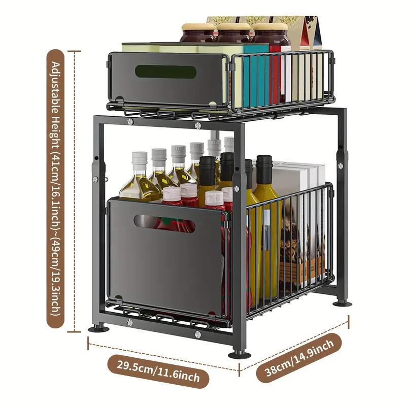 Organizer Estraibile a 2 Livelli per Sottolavello e Armadietti da Cucina, Cassetto Scorrevole, Grande Capacità, Ripiani Regolabili, Ideale per Spezie, Detergenti e Accessori da Cucina