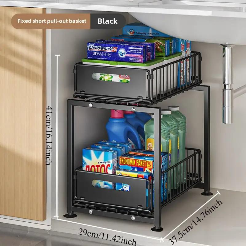 Organizer Estraibile a 2 Livelli per Sottolavello e Armadietti da Cucina, Cassetto Scorrevole, Grande Capacità, Ripiani Regolabili, Ideale per Spezie, Detergenti e Accessori da Cucina