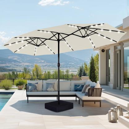 Ampio ombrellone doppio da esterno da 4,6 m con base, impermeabile, con meccanismo a manovella e illuminazione a LED, ideale per giardino, terrazzo, patio e piscina.