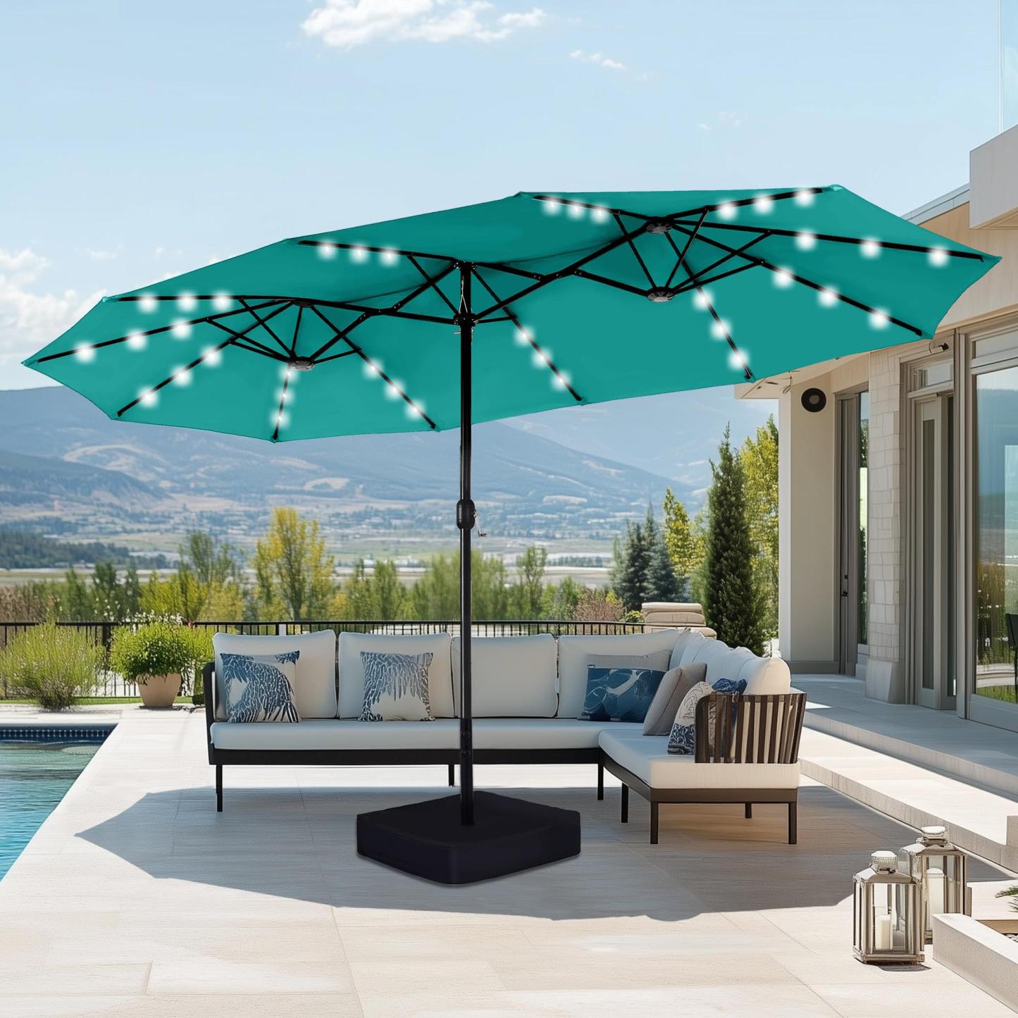 Ampio ombrellone doppio da esterno da 4,6 m con base, impermeabile, con meccanismo a manovella e illuminazione a LED, ideale per giardino, terrazzo, patio e piscina.
