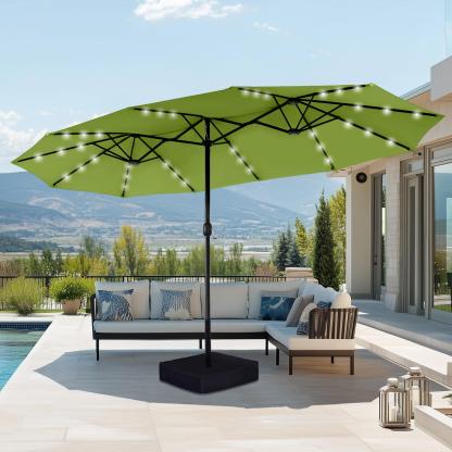Ampio ombrellone doppio da esterno da 4,6 m con base, impermeabile, con meccanismo a manovella e illuminazione a LED, ideale per giardino, terrazzo, patio e piscina.