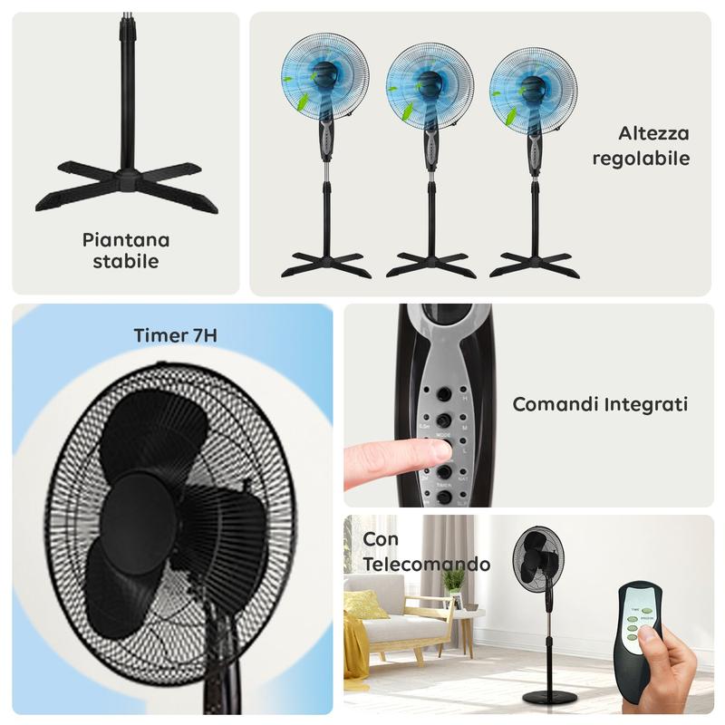 Ventilatore 40W a Piantana 40 cm con Telecomando e Altezza Regolabile fino a 135 cm – 6 Velocità