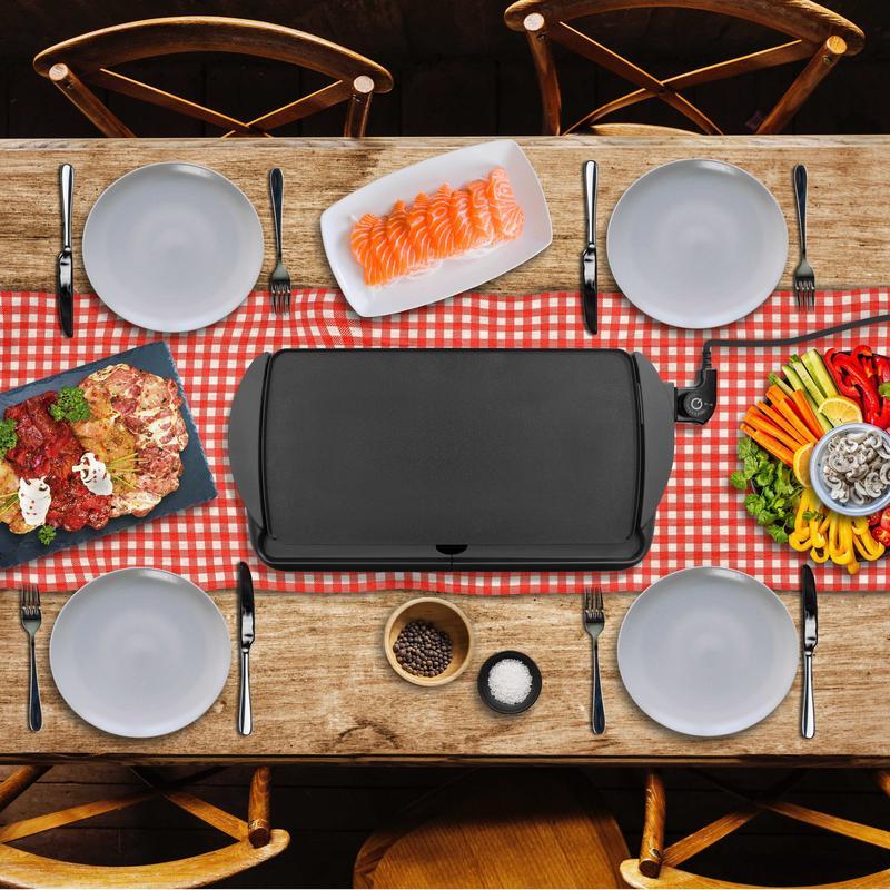 Grill Teppanyaki Elettrico, Piastra elettrica 2000W, Superficie cottura 52 x 27 cm, Plancha griglia antiaderente, per Cucina Interna ed Esterna, termostato