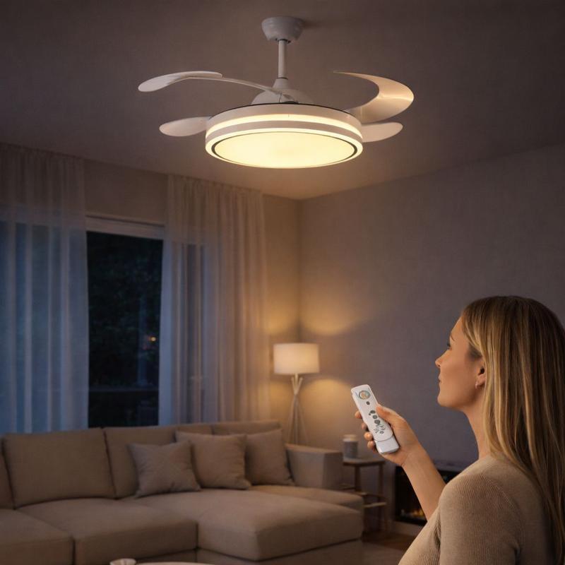 Ventilatore da Soffitto con Luce LED Dimmerabile e Telecomando – 48" a Pale Retrattili, Silenzioso, Plafoniera Moderna per Interni
