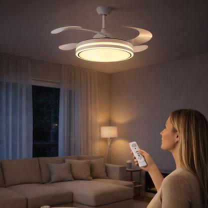 Ventilatore da Soffitto con Luce LED Dimmerabile e Telecomando – 48" a Pale Retrattili, Silenzioso, Plafoniera Moderna per Interni