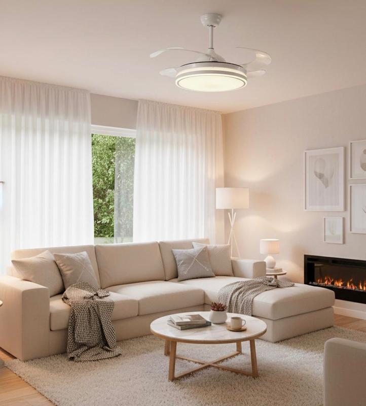 Ventilatore da Soffitto con Luce LED Dimmerabile e Telecomando – 48" a Pale Retrattili, Silenzioso, Plafoniera Moderna per Interni
