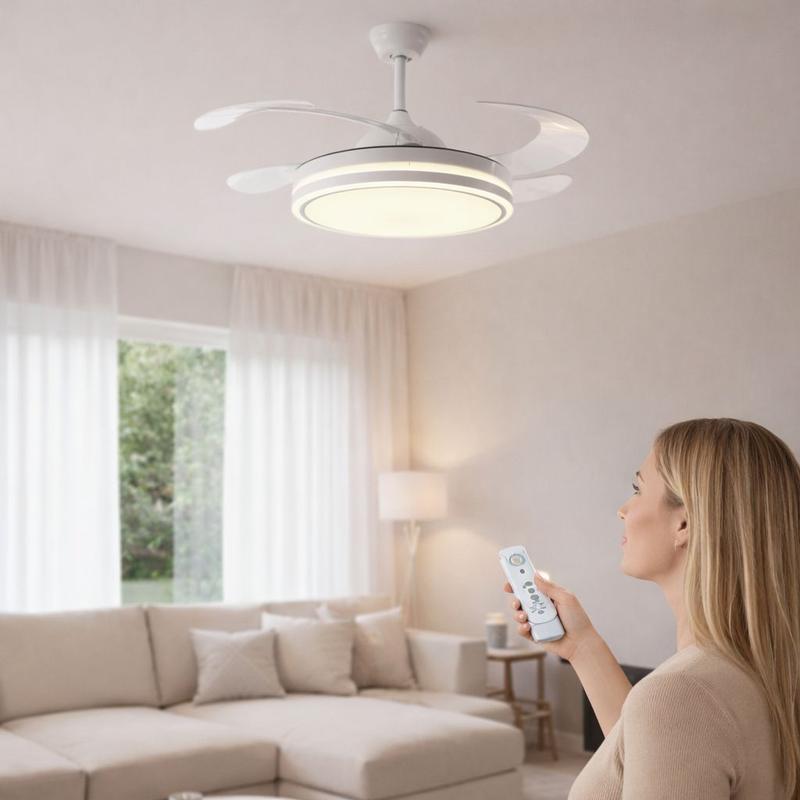 Ventilatore da Soffitto con Luce LED Dimmerabile e Telecomando – 48" a Pale Retrattili, Silenzioso, Plafoniera Moderna per Interni