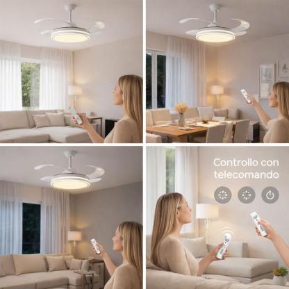 Ventilatore da Soffitto con Luce LED Dimmerabile e Telecomando – 48" a Pale Retrattili, Silenzioso, Plafoniera Moderna per Interni