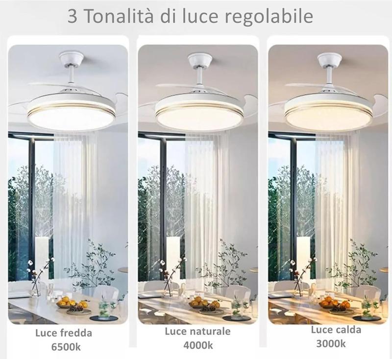 Ventilatore da Soffitto con Luce LED Dimmerabile e Telecomando – 48" a Pale Retrattili, Silenzioso, Plafoniera Moderna per Interni