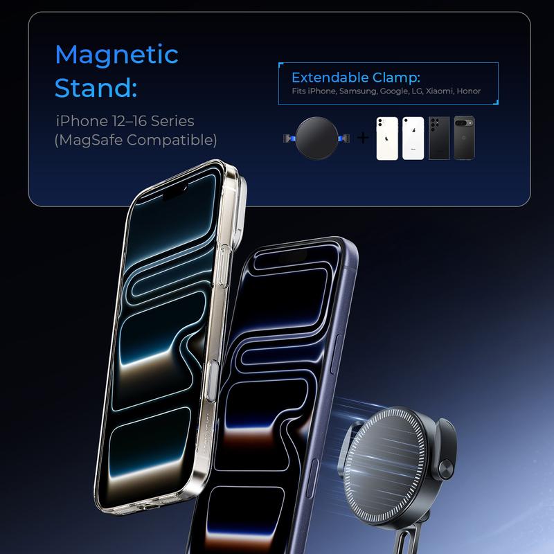 Supporto per Telefono Auto Clip on, Forte Impugnatura Magnetica, Supporto Pieghevole Antiscivolo, Regolabile a 360 °, per la Navigazione Auto e Uso Domestico Funziona con o senza Telefoni Magnetici