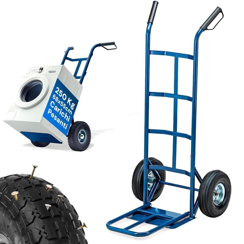 Carrello da Carico Professionale 250 kg in Acciaio - Nero con Ruote Pneumatiche Antiforo