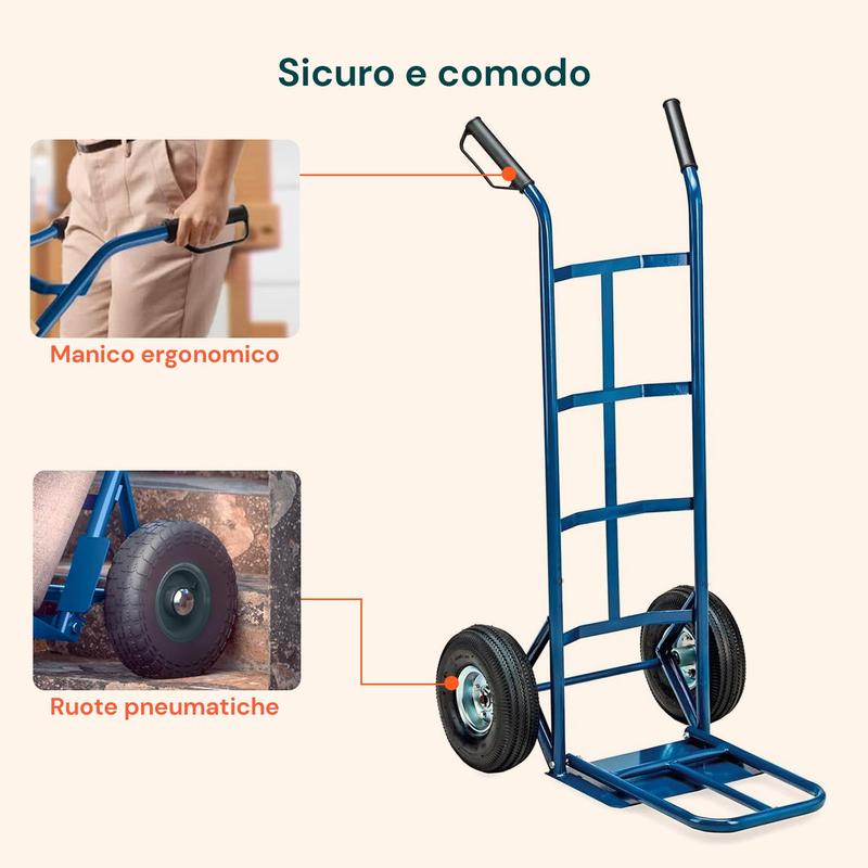 Carrello da Carico Professionale 250 kg in Acciaio - Nero con Ruote Pneumatiche Antiforo