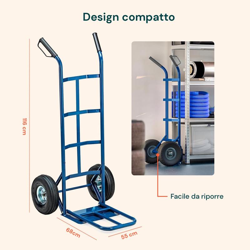 Carrello da Carico Professionale 250 kg in Acciaio - Nero con Ruote Pneumatiche Antiforo