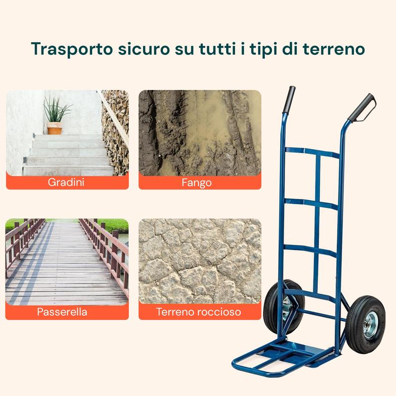 Carrello da Carico Professionale 250 kg in Acciaio - Nero con Ruote Pneumatiche Antiforo