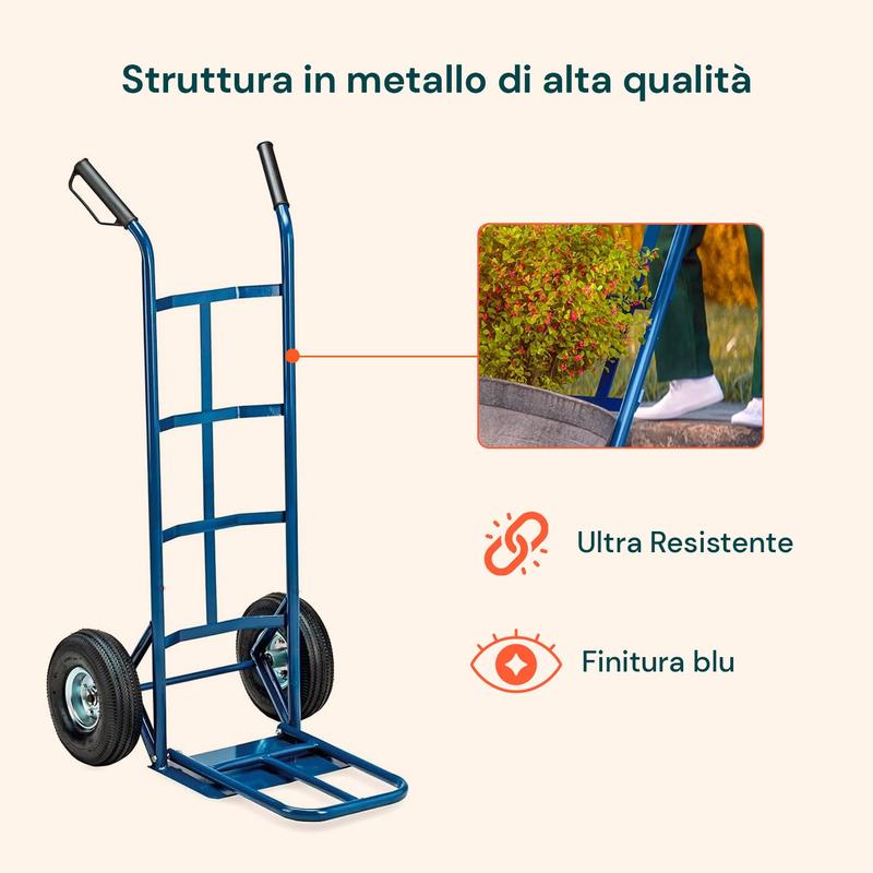 Carrello da Carico Professionale 250 kg in Acciaio - Nero con Ruote Pneumatiche Antiforo