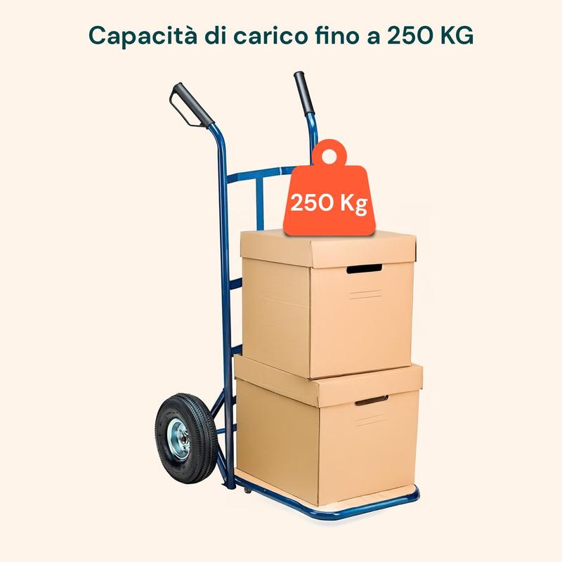 Carrello da Carico Professionale 250 kg in Acciaio - Nero con Ruote Pneumatiche Antiforo