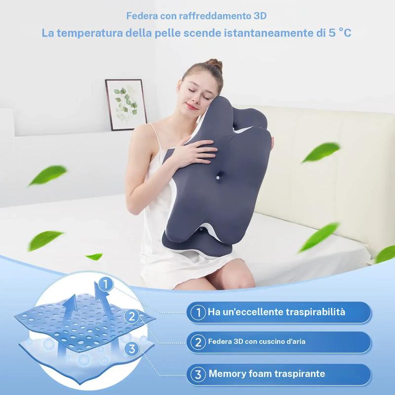 Cuscino cervicale sagomato a doppia faccia, memory foam di supporto con coperta rinfrescante, design a zone e poggiabraccio extra grande per chi dorme di lato, sdraiato sulla pancia o sulla schiena