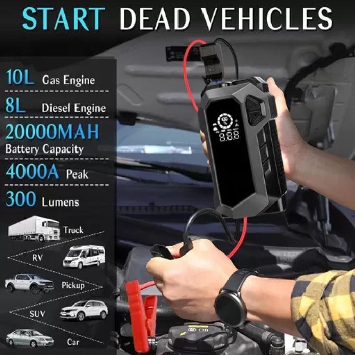 Avviatore di Emergenza con Compressore d'Aria – Starter Batteria 4000A con Inflatore per Pneumatici e Batteria da 20000mAh Kit Di Attrezzi Per Auto Kit Di Sollevatore Per Auto Accessori Auto Veicolo