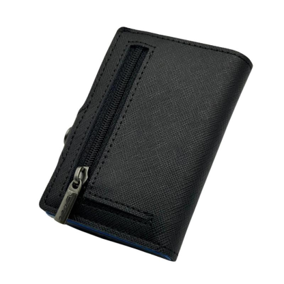 Black ZIP Portafoglio pelle antigraffio con protezione RFID per carte contactless, wallet slim 1,6 cm, carte + contanti + monete. Portacarte 4.0 con BLOCCO MECCANICO e sistema S.O.S