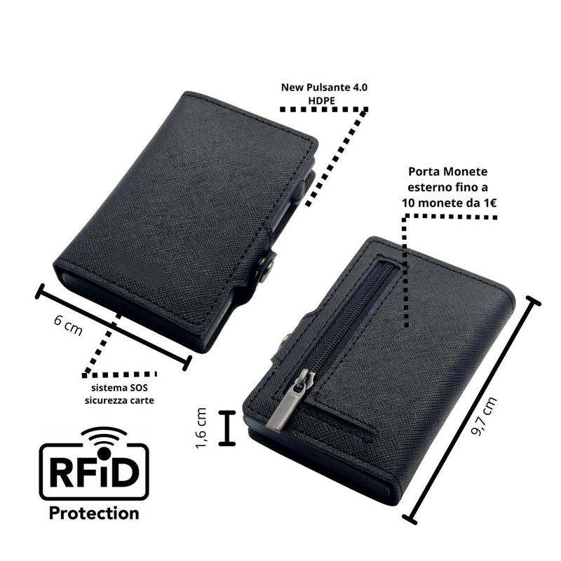 Black ZIP Portafoglio pelle antigraffio con protezione RFID per carte contactless, wallet slim 1,6 cm, carte + contanti + monete. Portacarte 4.0 con BLOCCO MECCANICO e sistema S.O.S
