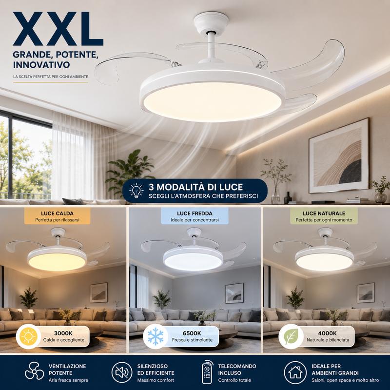 Ventilatore da Soffitto LED Silenzioso 107 cm Misura Grande | Pale Retrattili, Telecomando, 6 Velocità, Luce Regolabile 3 Colori