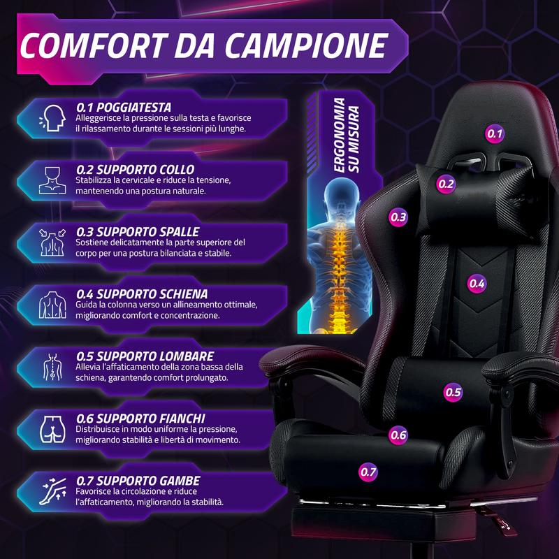 Sedia Gaming Reclinabile con Poggiapiedi Estraibile ,Cuscino Lombare e Poggiatesta