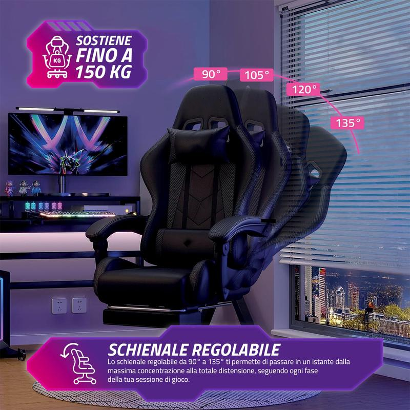 Sedia Gaming Reclinabile con Poggiapiedi Estraibile ,Cuscino Lombare e Poggiatesta