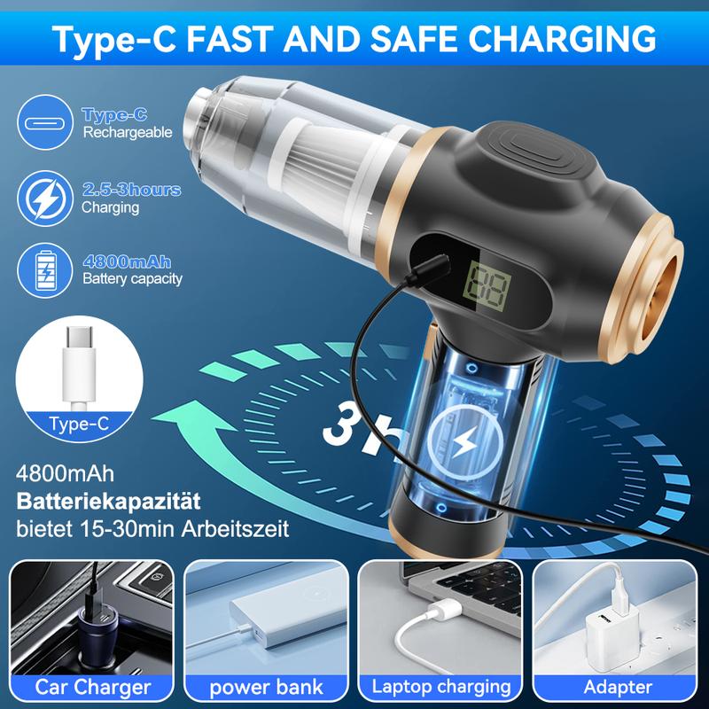 Aspirapolvere Portatile Cordless per Auto, Potente Aspirapolvere Portatile 6 in 1 con Display Intelligente e Accessori Multi Pulizia per Auto, Casa, Ufficio, Animale Domestico Aspirapolvere Portatile Cordless ad Alta Potenza