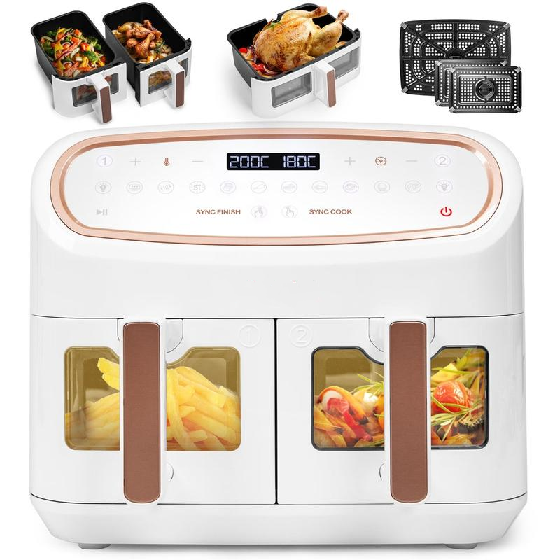  Friggitrice ad Aria extra grande, Air Fryer 2400W, 2 cestelli da 5L e 1 Cestello da 10L, Friggitrice senza olio 10in1, Friggitrice ad aria calda con finestra di controllo, Friggitrice