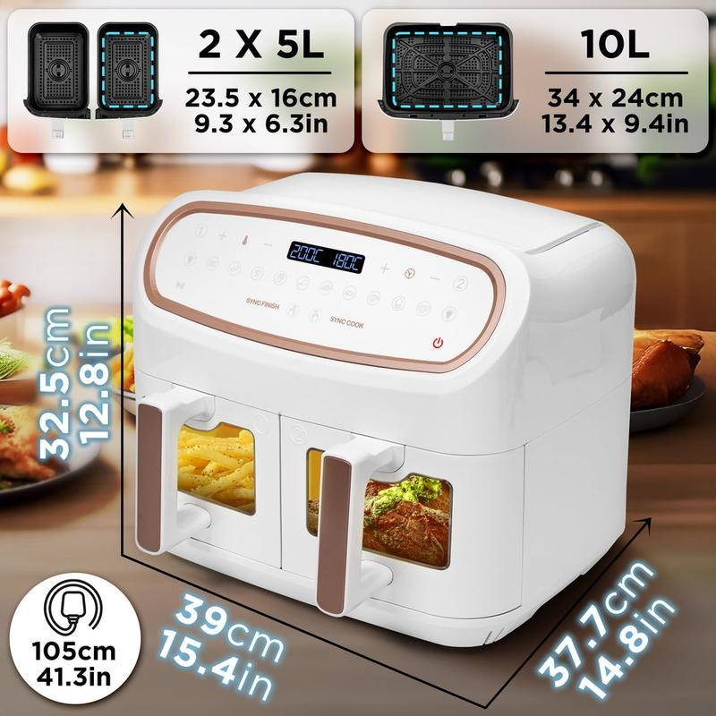  Friggitrice ad Aria extra grande, Air Fryer 2400W, 2 cestelli da 5L e 1 Cestello da 10L, Friggitrice senza olio 10in1, Friggitrice ad aria calda con finestra di controllo, Friggitrice