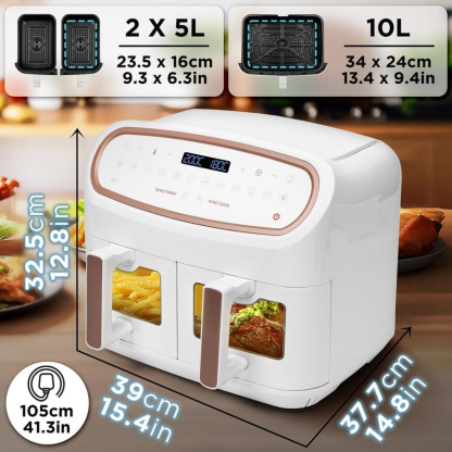  Friggitrice ad Aria extra grande, Air Fryer 2400W, 2 cestelli da 5L e 1 Cestello da 10L, Friggitrice senza olio 10in1, Friggitrice ad aria calda con finestra di controllo, Friggitrice