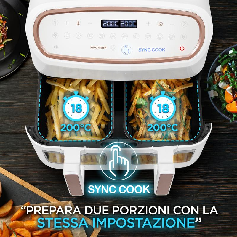  Friggitrice ad Aria extra grande, Air Fryer 2400W, 2 cestelli da 5L e 1 Cestello da 10L, Friggitrice senza olio 10in1, Friggitrice ad aria calda con finestra di controllo, Friggitrice