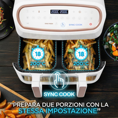  Friggitrice ad Aria extra grande, Air Fryer 2400W, 2 cestelli da 5L e 1 Cestello da 10L, Friggitrice senza olio 10in1, Friggitrice ad aria calda con finestra di controllo, Friggitrice