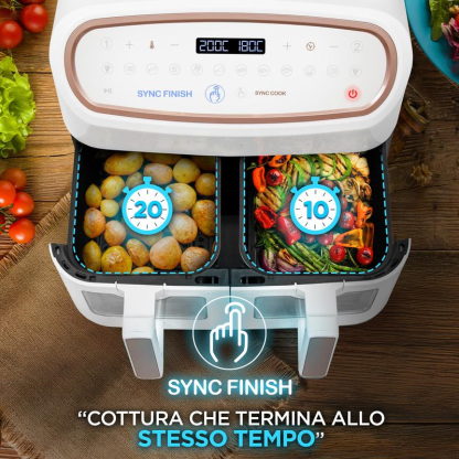  Friggitrice ad Aria extra grande, Air Fryer 2400W, 2 cestelli da 5L e 1 Cestello da 10L, Friggitrice senza olio 10in1, Friggitrice ad aria calda con finestra di controllo, Friggitrice