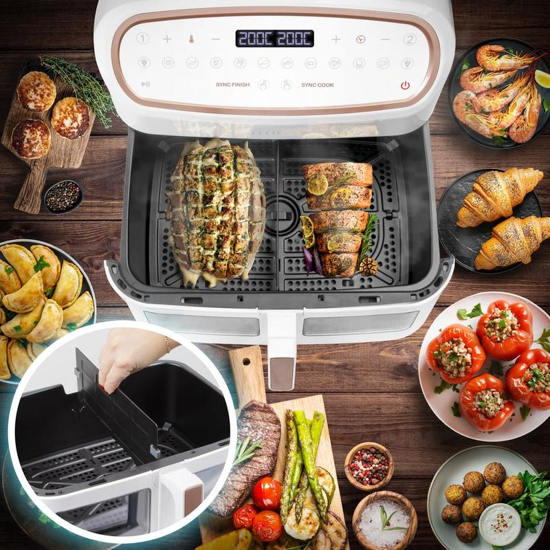  Friggitrice ad Aria extra grande, Air Fryer 2400W, 2 cestelli da 5L e 1 Cestello da 10L, Friggitrice senza olio 10in1, Friggitrice ad aria calda con finestra di controllo, Friggitrice
