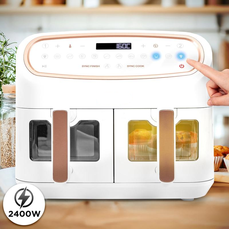  Friggitrice ad Aria extra grande, Air Fryer 2400W, 2 cestelli da 5L e 1 Cestello da 10L, Friggitrice senza olio 10in1, Friggitrice ad aria calda con finestra di controllo, Friggitrice