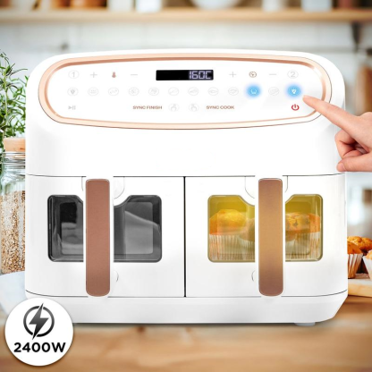  Friggitrice ad Aria extra grande, Air Fryer 2400W, 2 cestelli da 5L e 1 Cestello da 10L, Friggitrice senza olio 10in1, Friggitrice ad aria calda con finestra di controllo, Friggitrice