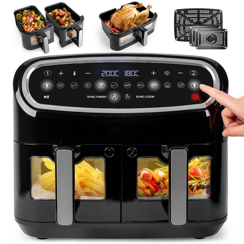  Friggitrice ad Aria extra grande, Air Fryer 2400W, 2 cestelli da 5L e 1 Cestello da 10L, Friggitrice senza olio 10in1, Friggitrice ad aria calda con finestra di controllo, Friggitrice