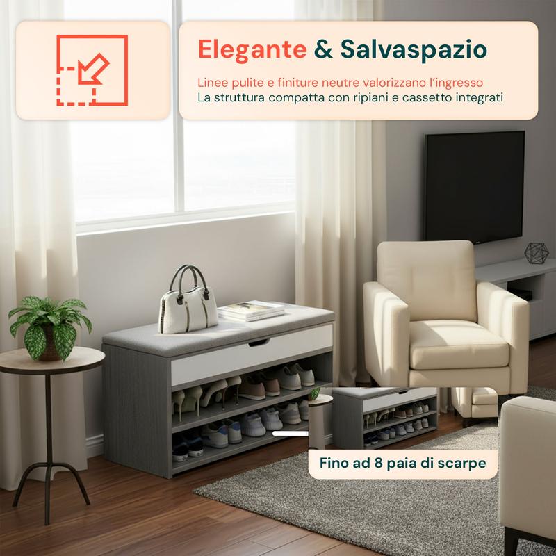 Scarpiera in MDF con Seduta Ribaltabile in Lino Imbottita e 2 Ripiani Salvaspazio