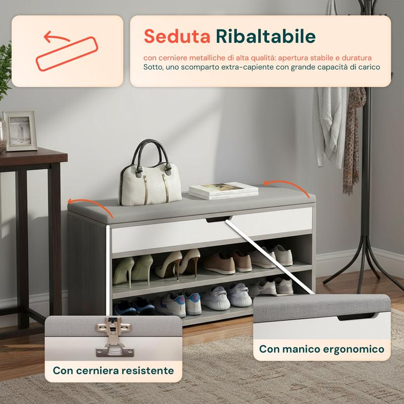 Scarpiera in MDF con Seduta Ribaltabile in Lino Imbottita e 2 Ripiani Salvaspazio