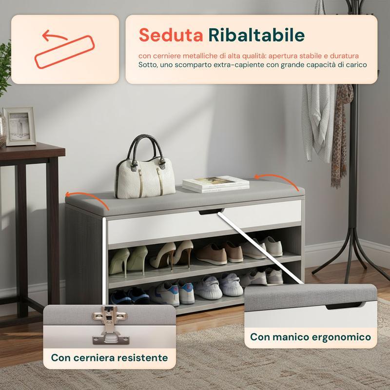 Scarpiera in MDF con Seduta Ribaltabile in Lino Imbottita e 2 Ripiani Salvaspazio