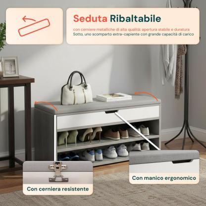 Scarpiera in MDF con Seduta Ribaltabile in Lino Imbottita e 2 Ripiani Salvaspazio