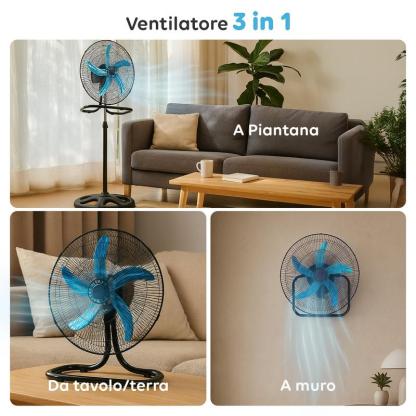 Ventilatore 50W 3 in 1 da Parete, Tavolo e Piantana con Pale 50 cm in Metallo