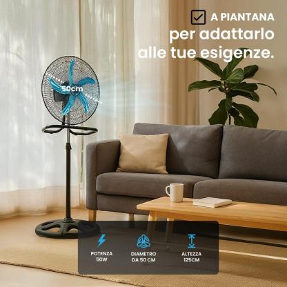 Ventilatore 50W 3 in 1 da Parete, Tavolo e Piantana con Pale 50 cm in Metallo