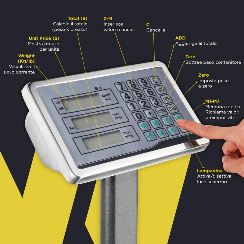 Bilancia Elettronica Richiudibile 300kg con Prezzo, Peso e Funzione di Accumulo
