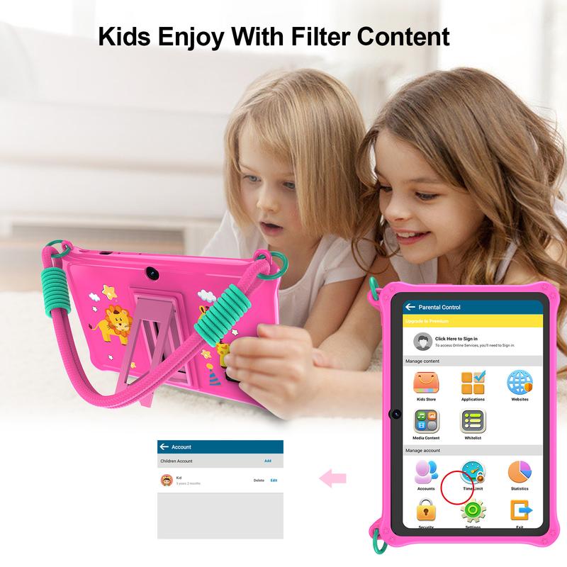 Tablet educativo per bambini da 7" con schermo IPS 1024×600, processore quad‑core , 4 GB di RAM e 32 GB di archiviazione, controlli genitoriali integrati, batteria da 3500 mAh, Android 15