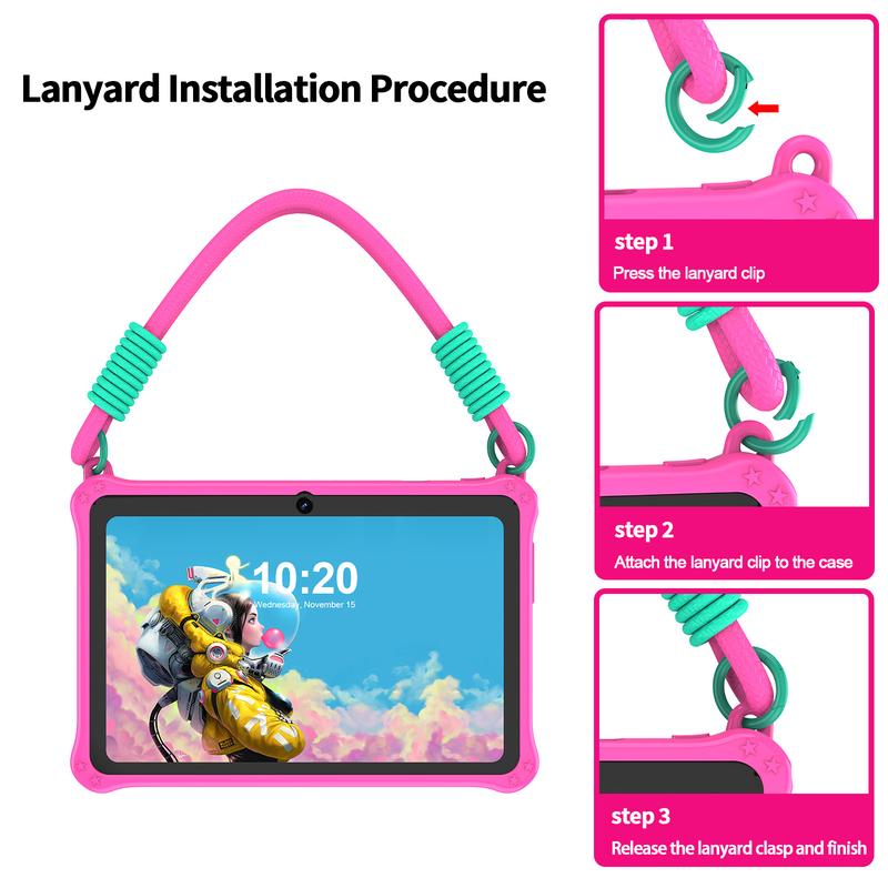 Tablet educativo per bambini da 7" con schermo IPS 1024×600, processore quad‑core , 4 GB di RAM e 32 GB di archiviazione, controlli genitoriali integrati, batteria da 3500 mAh, Android 15