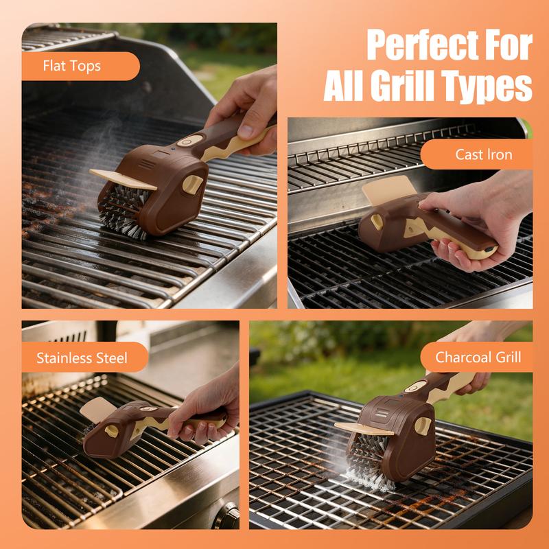 Spazzola elettrica per barbecue, sicura e senza setole, con 2 testine intercambiabili, ricaricabile e senza fili; pulizia rapida, accessorio essenziale per campeggio e barbecue all'aperto, adatta a tutti i tipi di griglia.