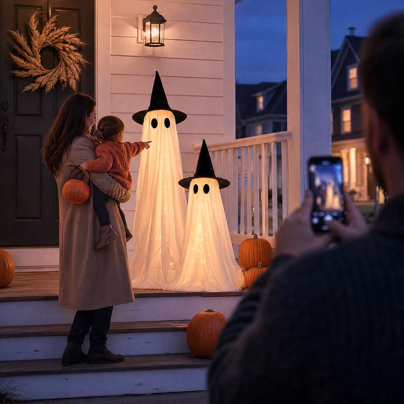 Set da 2 fantasmi luminosi di Halloween (altezza 1,5 m): decorazioni resistenti al vento per interni ed esterni, complete di luci a stringa, sacche d'acqua e cappelli; ideali per portico, giardino e feste.